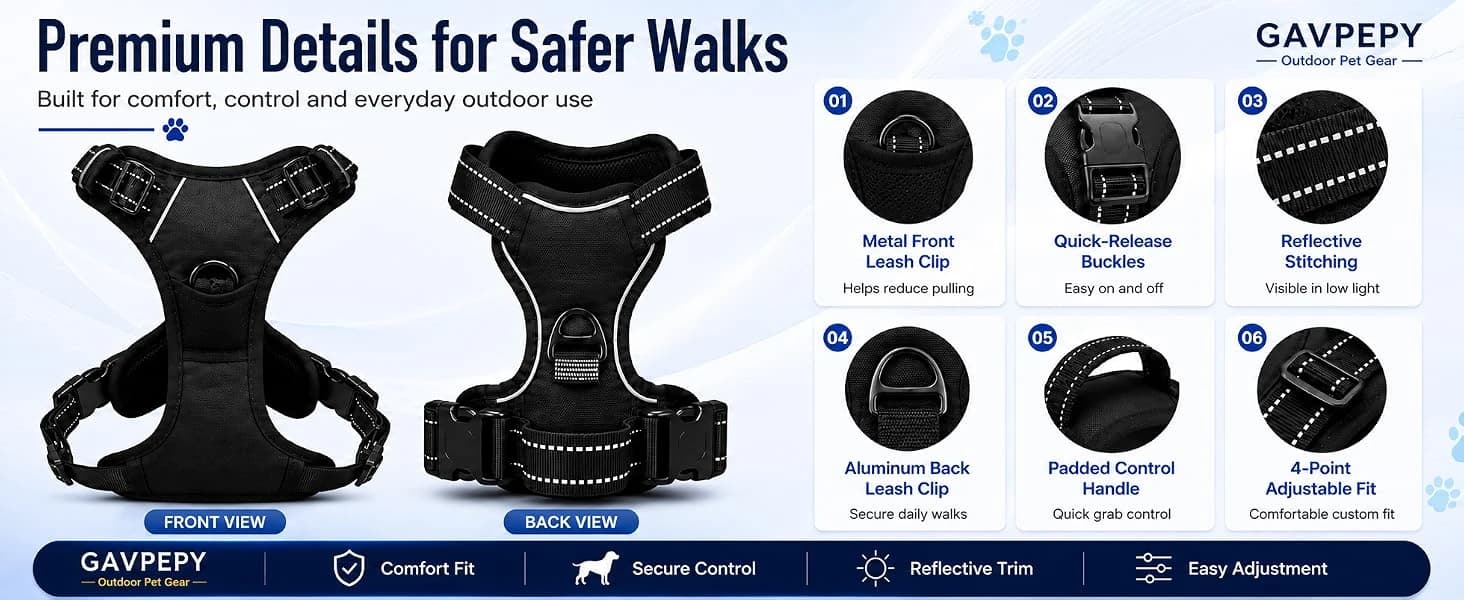 No Pull Dog Harness — Large Black Tactical Vest Harness — Premium Details for Safer Walks