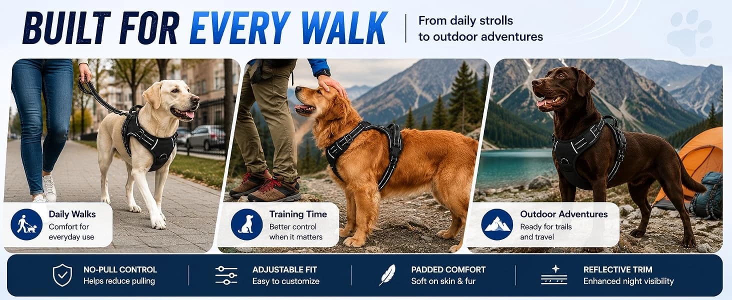 No Pull Dog Harness — Large Black Tactical Vest Harness — Built for Every Walk and Adventure