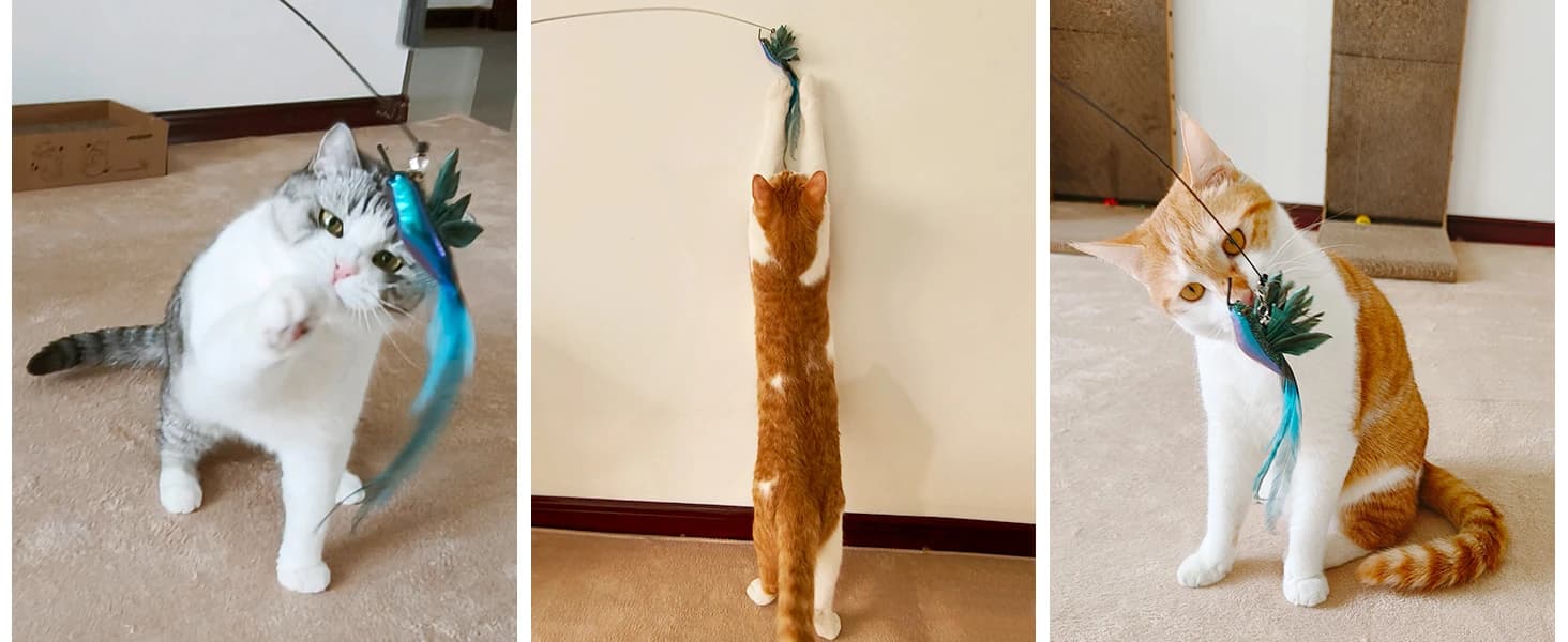 35" Steel Wire Cat Wand Toy and 6PCS Realistic Feather Bird Refills — HIGH-QUALITY AND DURABLE DESIGN