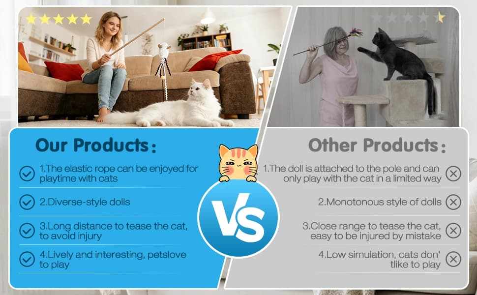 Cat Wand Toy Set — 2 PCS Interactive Cat Teaser Wands with Cute Bee & Mouse Designs — product details