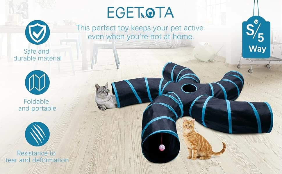 Cat Tunnel for Indoor Cats Large, with Play Ball S-Shape 5 Way Collapsible Interactive Peek Hole Pet Tube Toys — BLACK BLUE FIVE-WAY CAT TUNNEL