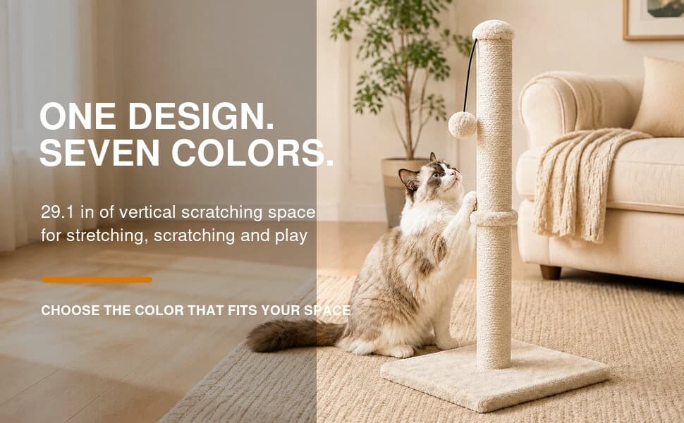 Tall Cat Scratching Post Tree Scratcher with Sisal Rope — One Design. Seven Colors.