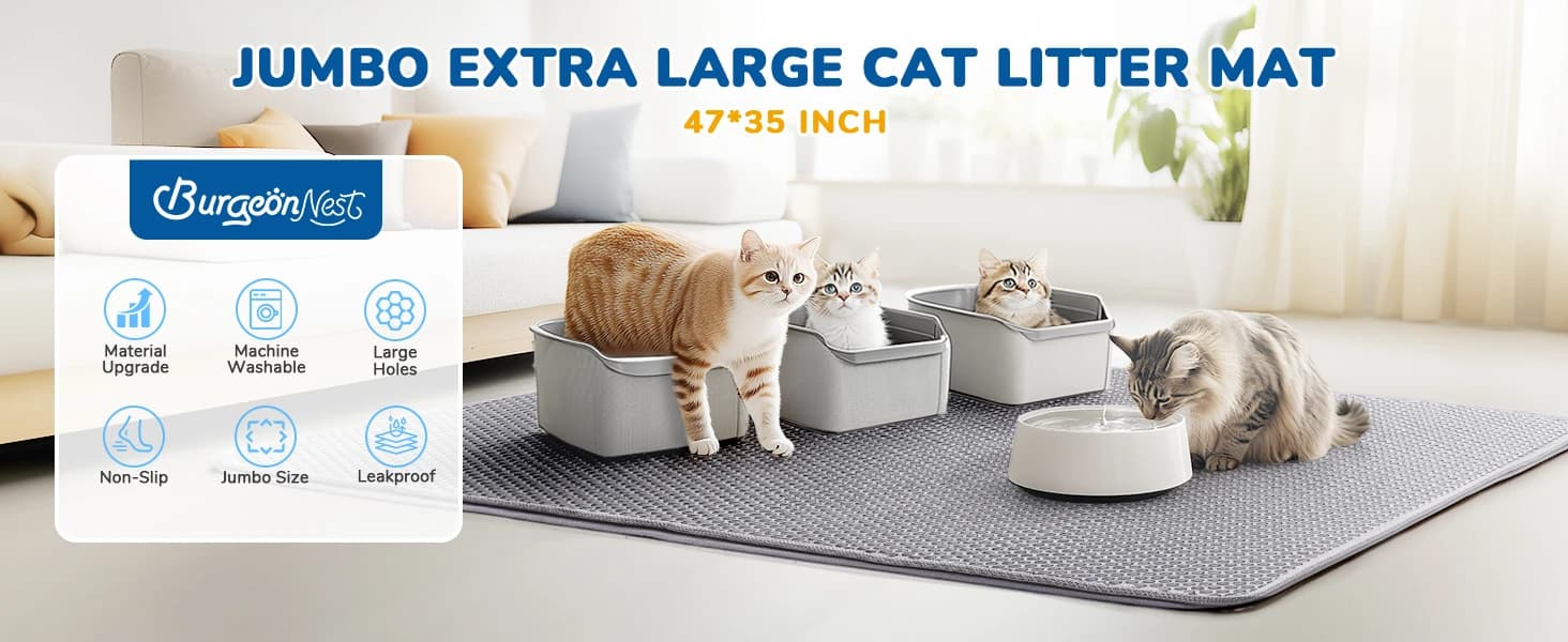Cat Litter Mat 47" x 35" XL — Washable Urine-Proof Non-Slip Gray — product details