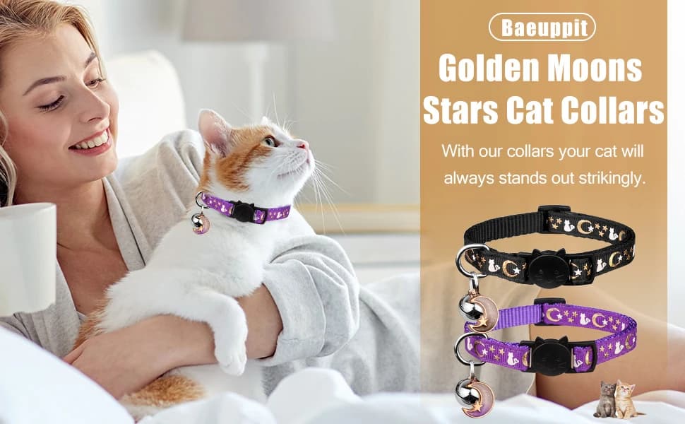 2PCS Breakaway Cat Collars with Bell Moons Stars Cute Kitty Adjustable Safe Kitten Collars with Pendant Glow in — product details