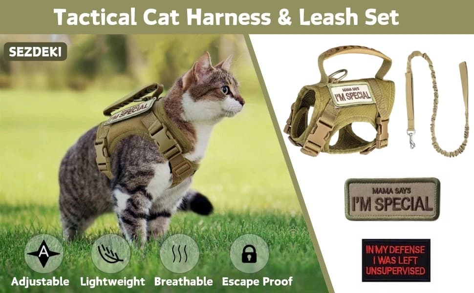 Tactical Cat Harness and Leash Set for Walking Escape Proof Adjustable Large Cat Vest Harness with Patches Soft — Tactical Cat Vest Harness and Leash Set for Walking and Outdoor Training