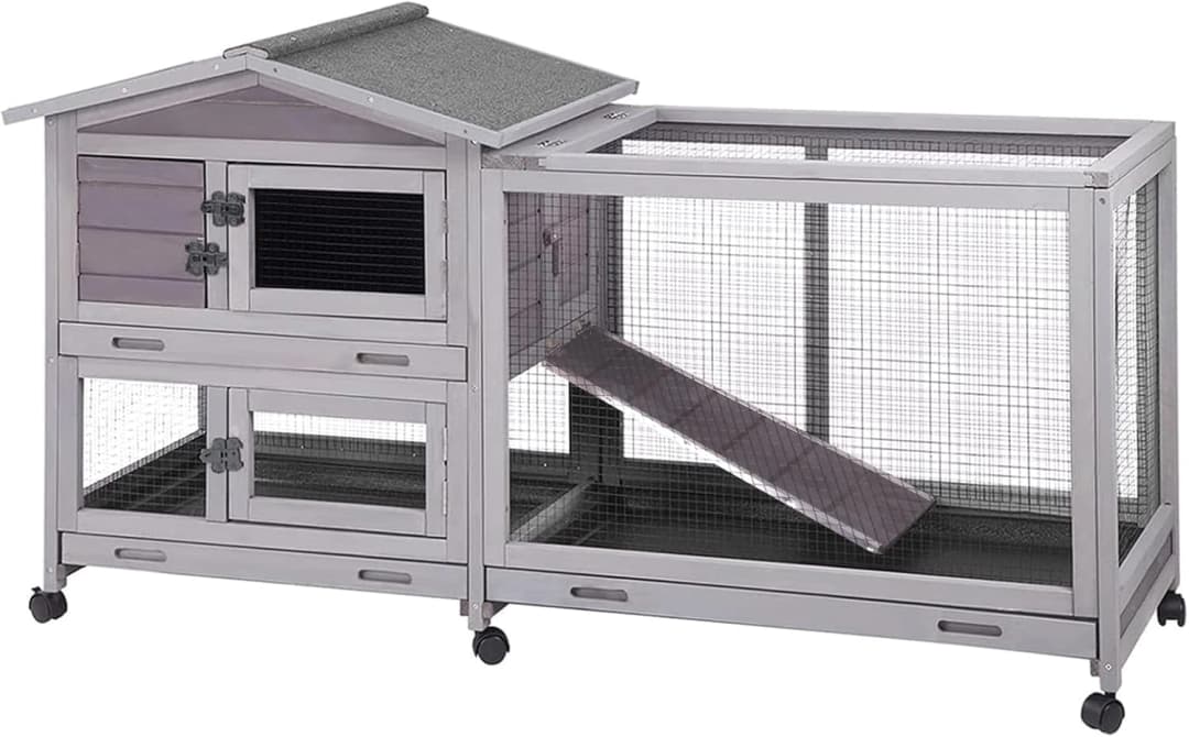 Rabbit Hutch Outdoor Indoor Rabbit Cage Chicken Coop with Casters Guinea Pig Cage with 3 Deep No Leakage Pull