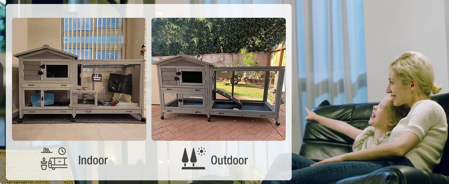 Rabbit Hutch Outdoor Indoor Rabbit Cage Chicken Coop with Casters Guinea Pig Cage with 3 Deep No Leakage Pull — Nice Rabbit Hutch Perfect for Indoor and Outdoot Use!