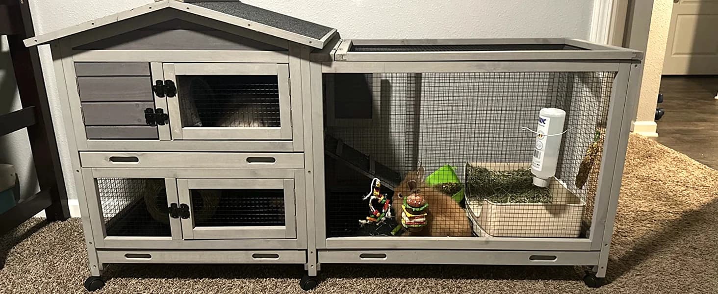 Rabbit Hutch Outdoor Indoor Rabbit Cage Chicken Coop with Casters Guinea Pig Cage with 3 Deep No Leakage Pull — Rabbit Hutch on Wheels