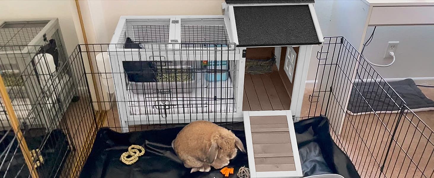 Rabbit Hutch Indoor Bunny Cage Outdoor Bunny House with Wire Floor Leakproof Plastic Tray — Expandable with Pet Playpen