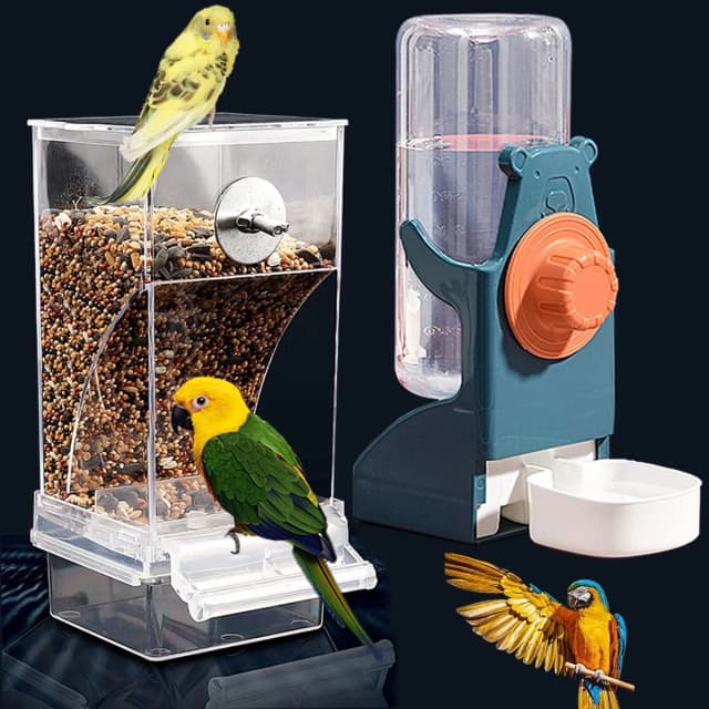 No Mess Bird Feeders Water Dispenser Set — Automatic Feeders for Cage