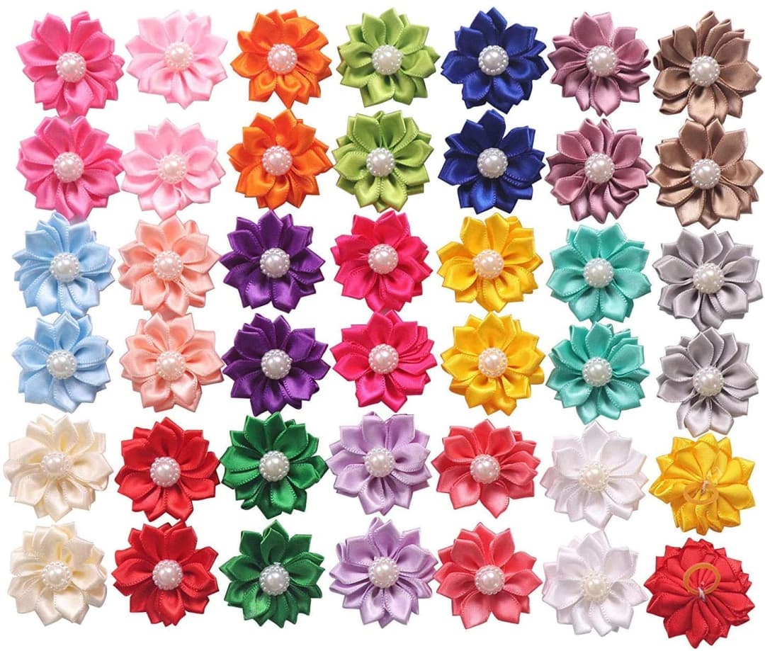 Pearl Flower Pet Hair Bows with Elastic Bands — 40 Pieces