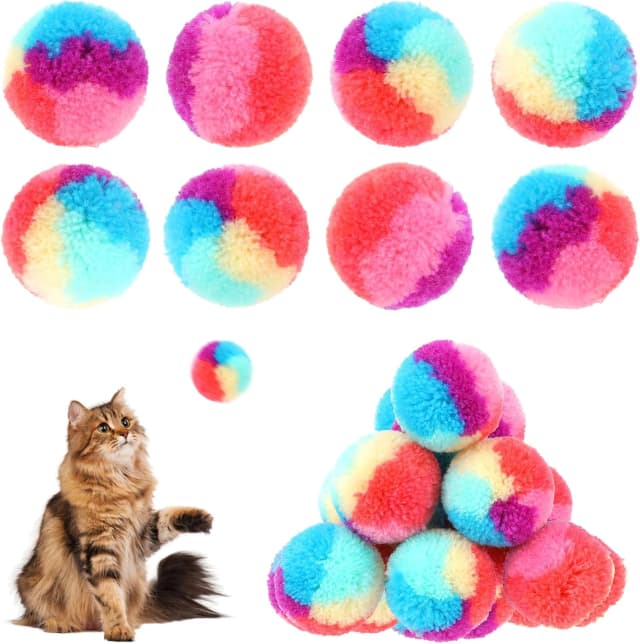 30 Pcs Soft Plush Cat Ball 1.2-inch Rainbow Cat Toy Balls Fuzzy Kitty Balls Kitten Puff Balls Colorful Cat Pom