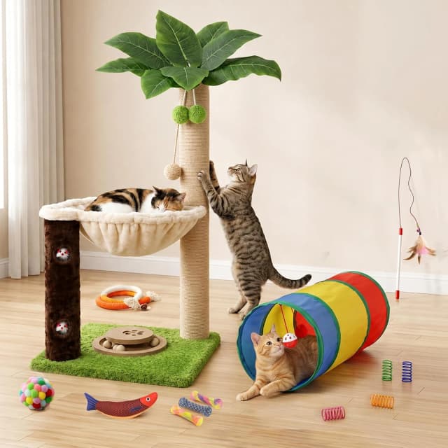 35" Cat Scratching Post with Bed and Toys Palm Tree Cat Tower