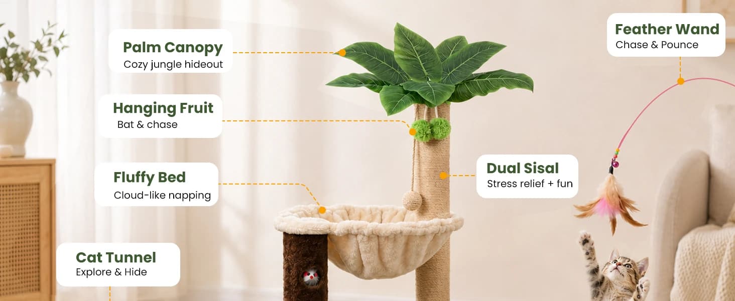 35" Cat Scratching Post with Bed and Toys Palm Tree Cat Tower — product details
