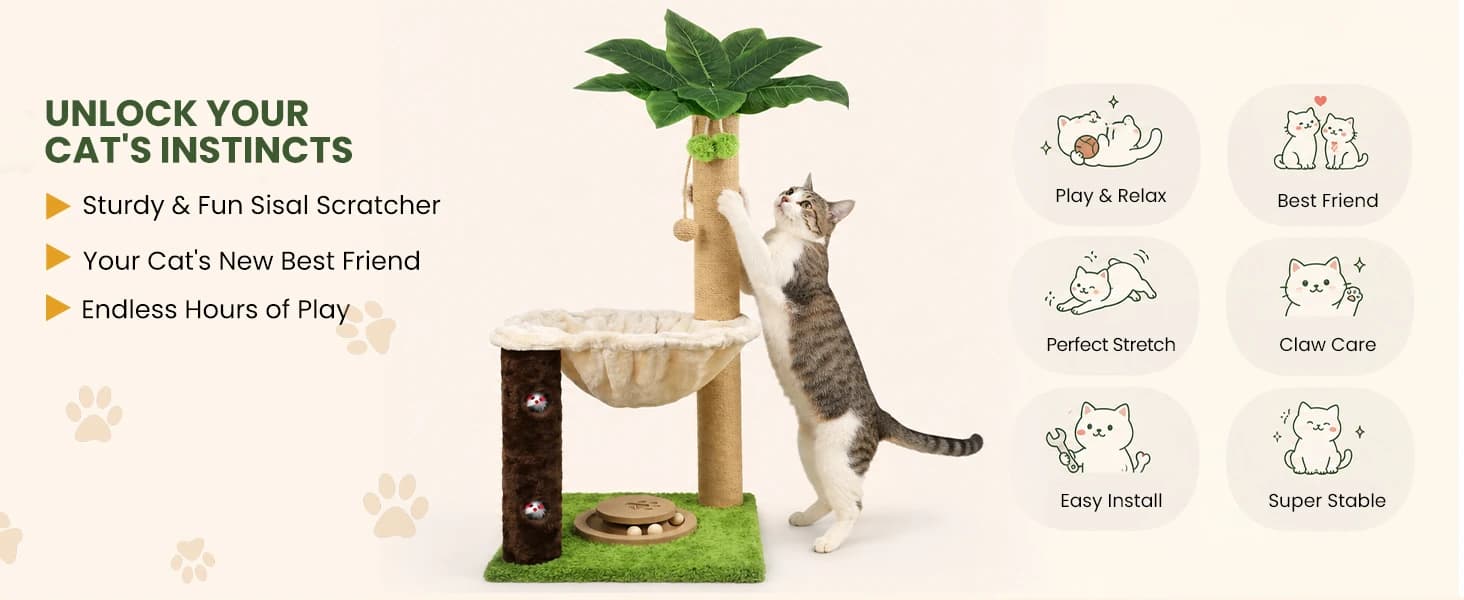 35" Cat Scratching Post with Bed and Toys Palm Tree Cat Tower — product details