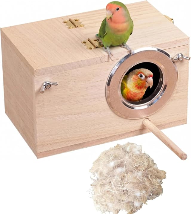 Wood Parakeet Nest Box with Natural Nesting Pads