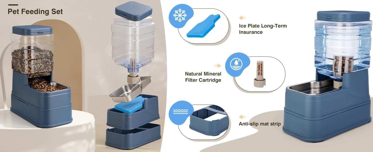 2 Pack Automatic Cat Feeder and Water Dispenser 1.3Gallon Dog Gravity Food Feeder and Water with Ice Pack — product details