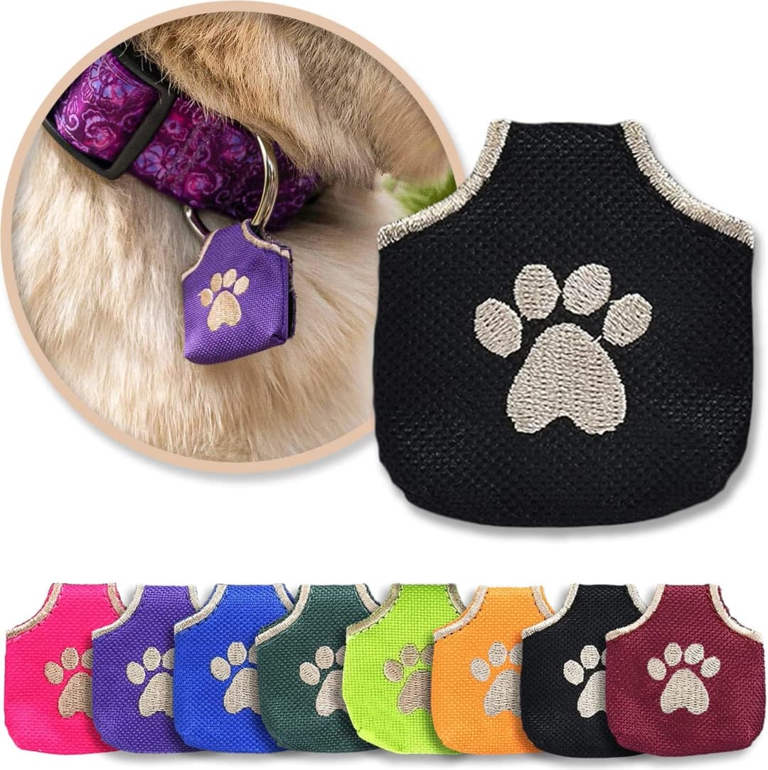 Dog Tag Silencer — Black Pawprint - Quiet Noisy Pet Tags - Fits Up to Four Pet IDs - Dog Tag Cover Protects