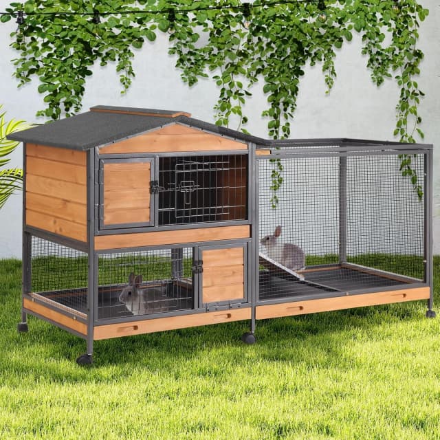 2-Story Rabbit Hutch with Chew-Proof Full Metal Frame for Indoor/Outdoor - 62" Bunny Cage with 6 Locking