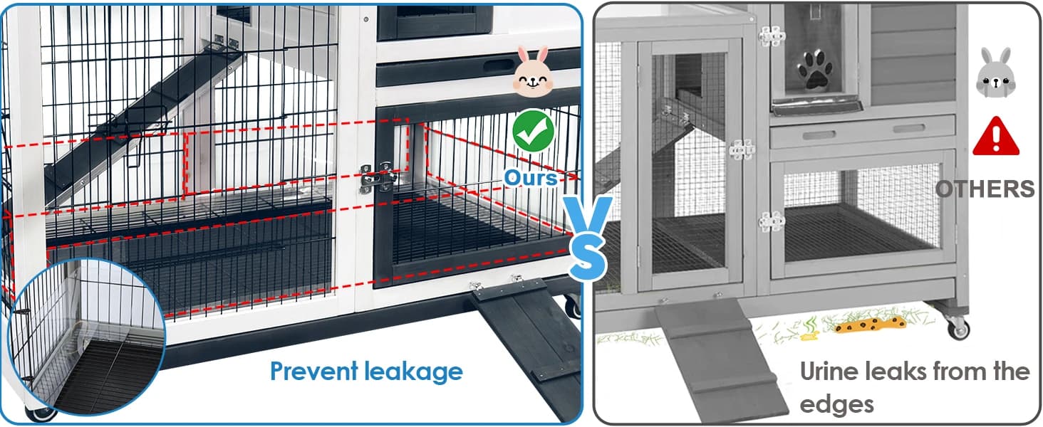 2-Story Indoor and Outdoor Rabbit Hutch with Urine Guards & Dual Trays — Urine Guards Prevent Leakage