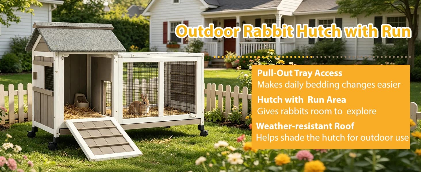 Outdoor Rabbit Hutch 2-Story Indoor Bunny Cage with Run — Outdoor Wooden Bunny Cage with Run for 1-2 Small Pets