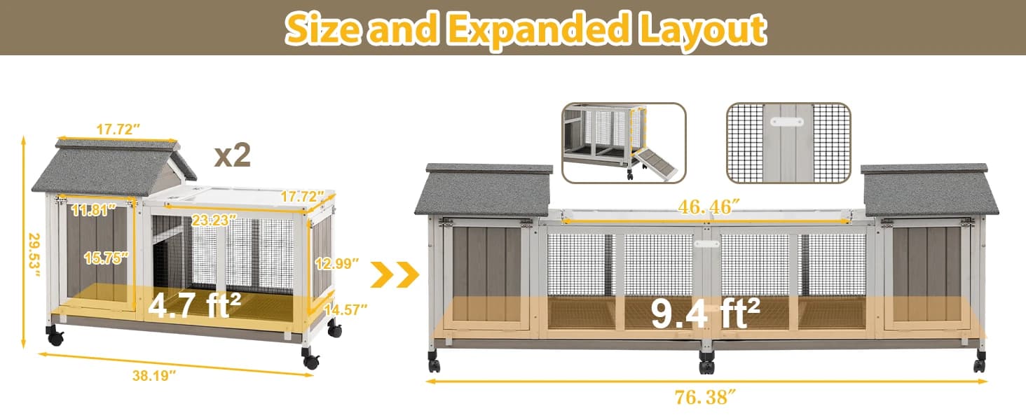 Outdoor Rabbit Hutch 2-Story Indoor Bunny Cage with Run — Wooden Bunny Hutch, Size and Expanded Layout