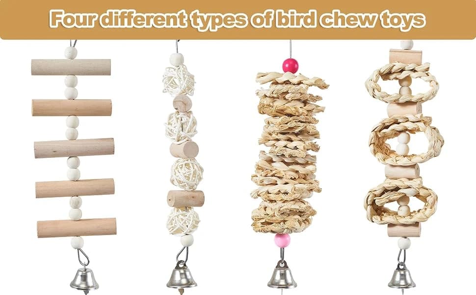 Bird Playground - Natural Wood Parrot Playstand with Perches — Four different types of bird chew toys