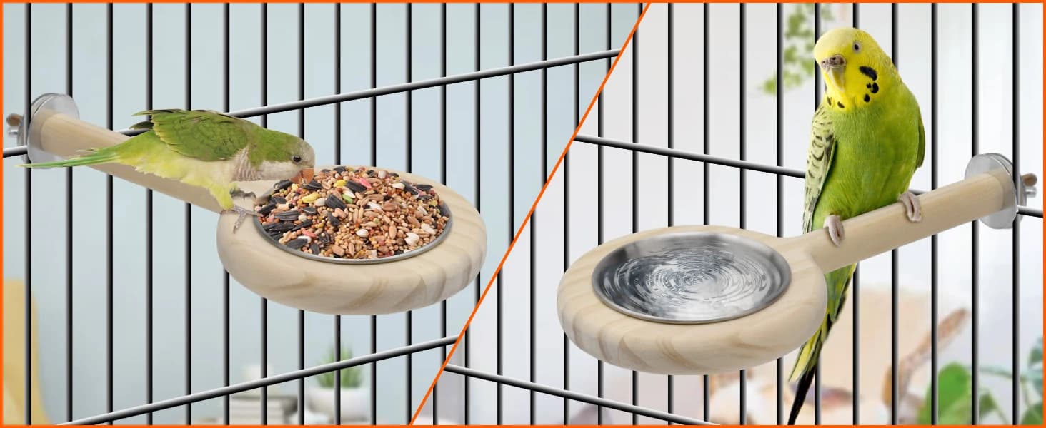 Bird Perch Bird Feeding Cup Parrot Wood Perch Stand Toy Bird Cage Accessory for Parakeet Lovebird Conure Budgie — Food Cup and Water Cup