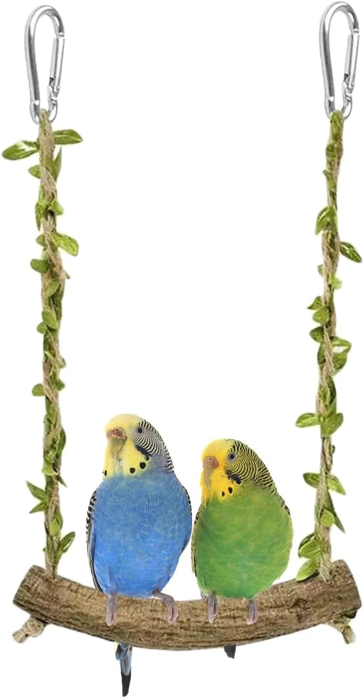 Natural Wood Bird Swing Perch with Decorative Leaves