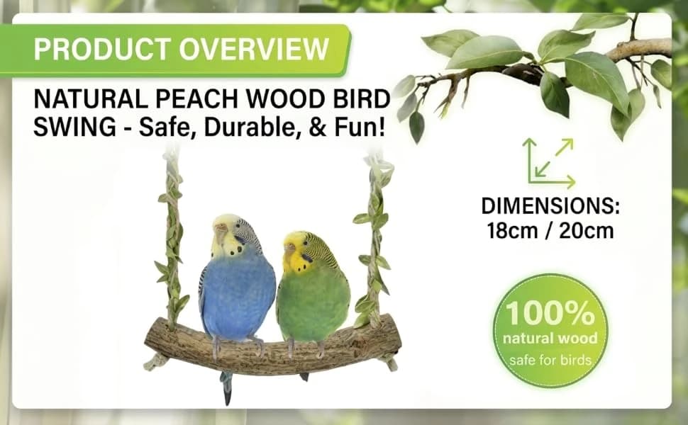 Natural Wood Bird Swing Perch with Decorative Leaves — Built for Safety, Made for Longevity | Superior Craftsmanship