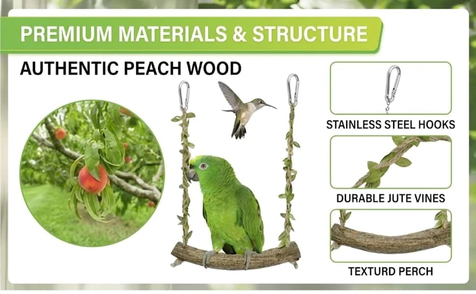 Natural Wood Bird Swing Perch with Decorative Leaves — Give Your Feathered Friends a Natural Retreat | 100% Organic Peach Wood Swing