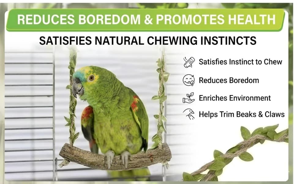 Natural Wood Bird Swing Perch with Decorative Leaves — product details