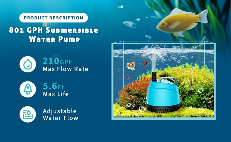 210GPH Submersible Water Pump Ultra Quiet (780L/H,15W),Bottom Suction Aquarium Pump with 2 Nozzles,5.6ft Lift — product details