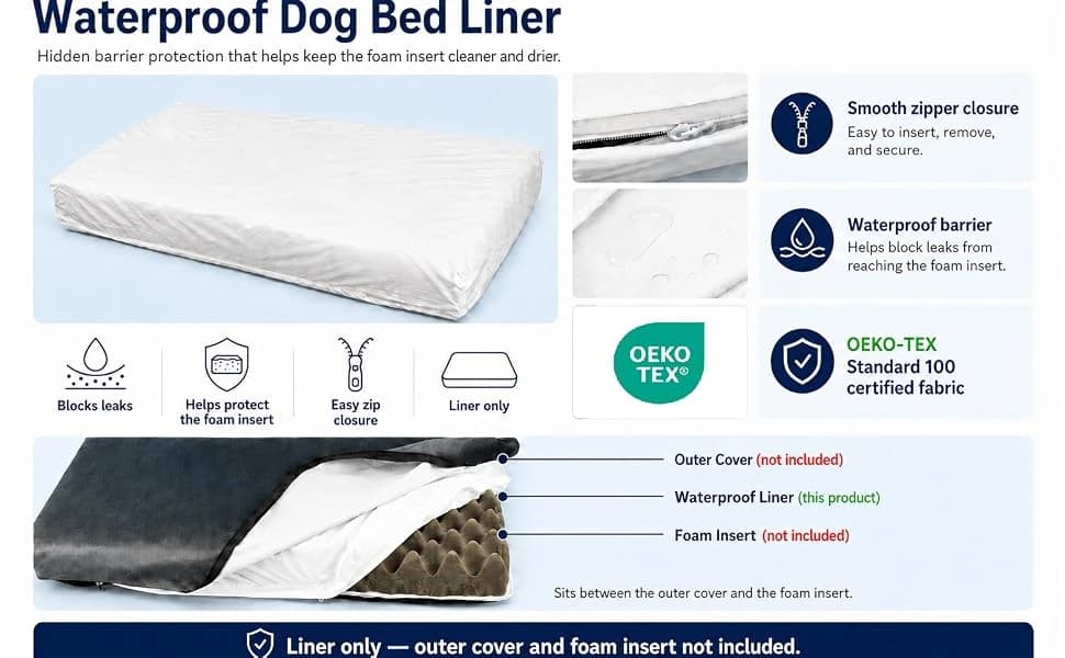 Waterproof Dog Bed Liner with Zipper Replacement 44 x 32 Inch — Waterproof Dog Bed Liner