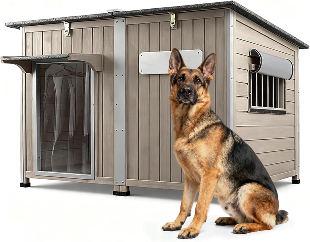 55" Extra XL Wooden Outdoor Dog House with Iron Frame for Large Dogs
