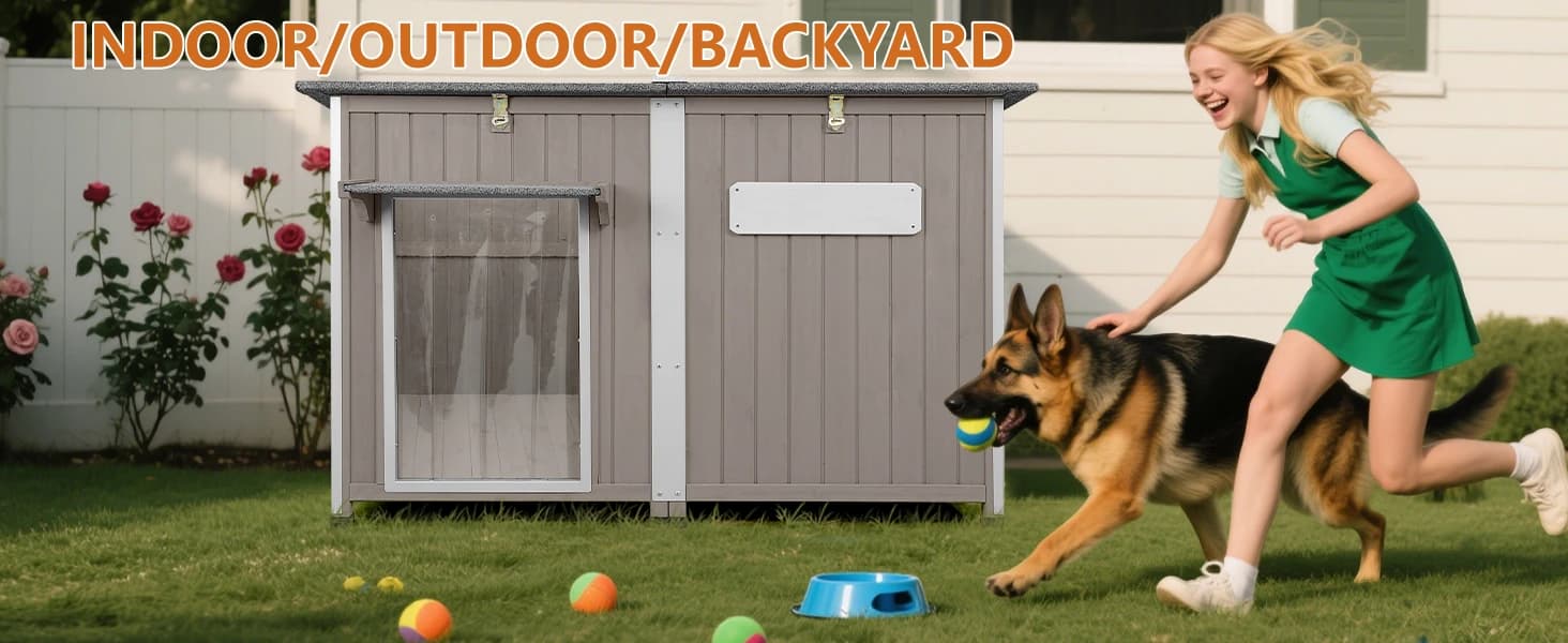 55" Extra XL Wooden Outdoor Dog House with Iron Frame for Large Dogs — LET YOUR DOG ENJOY THE GREAT OUTDOORS IN COMFORT