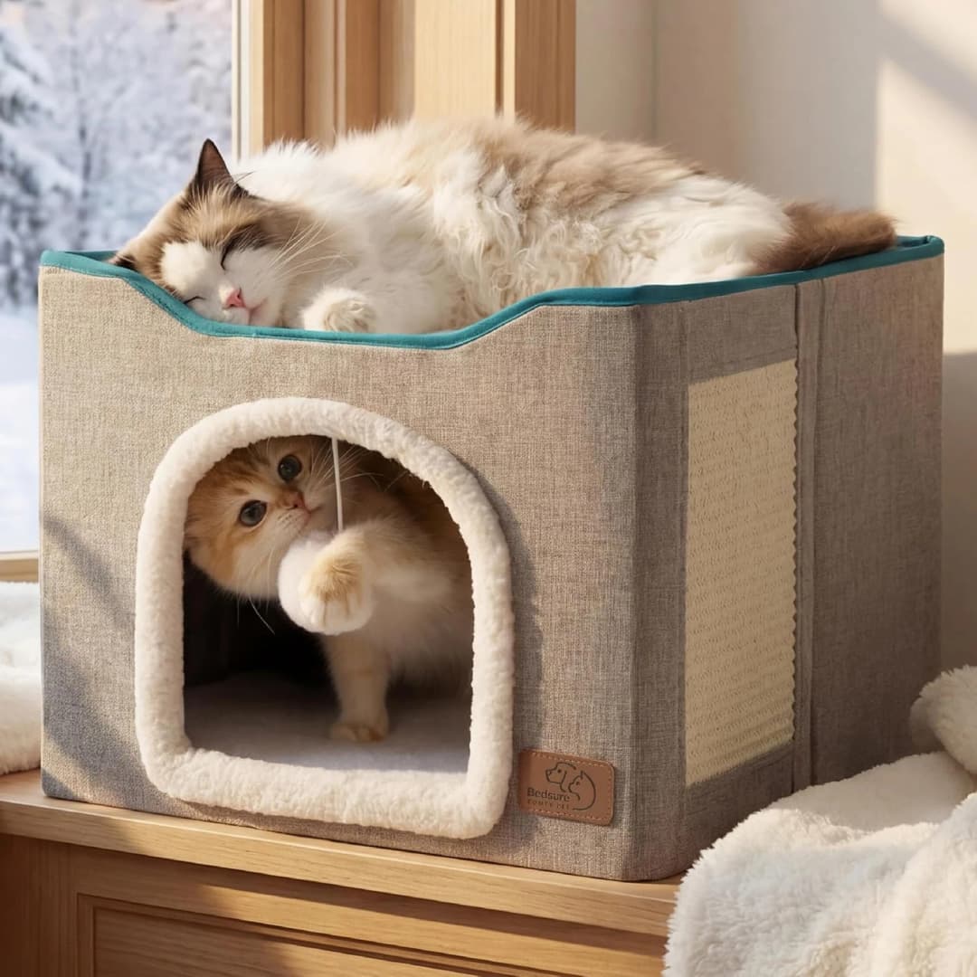 Cat House Bed for Indoor Cats with Fluffy Ball and Scratch Pad