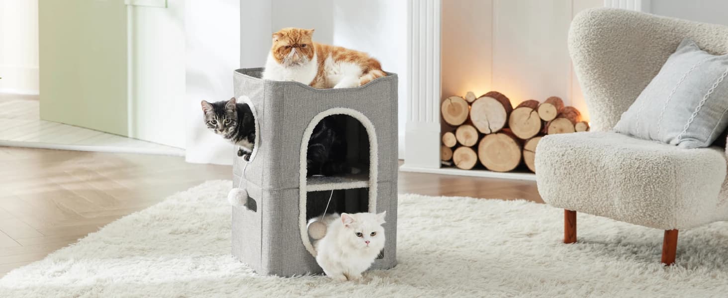 Cat House Bed for Indoor Cats with Fluffy Ball and Scratch Pad — product details