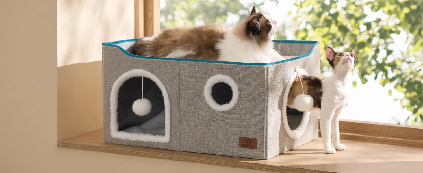 Cat House Bed for Indoor Cats with Fluffy Ball and Scratch Pad — product details