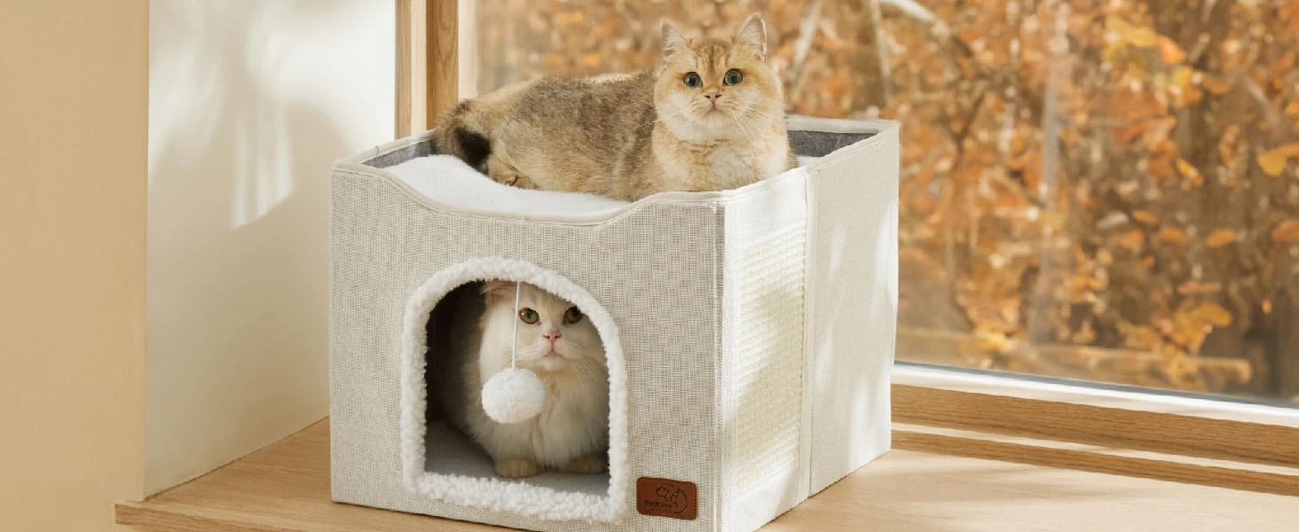 Cat House Bed for Indoor Cats with Fluffy Ball and Scratch Pad — product details