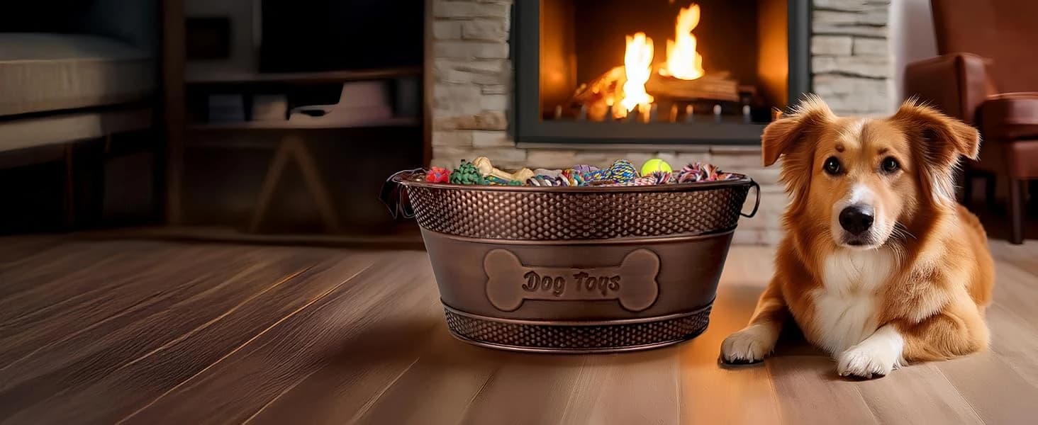 Copper Metal Pet Storage and Dog Toy Bin w/ Handles — product details