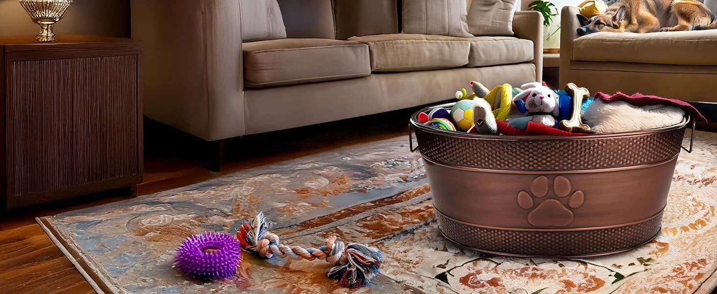 Copper Metal Pet Storage and Dog Toy Bin w/ Handles — product details