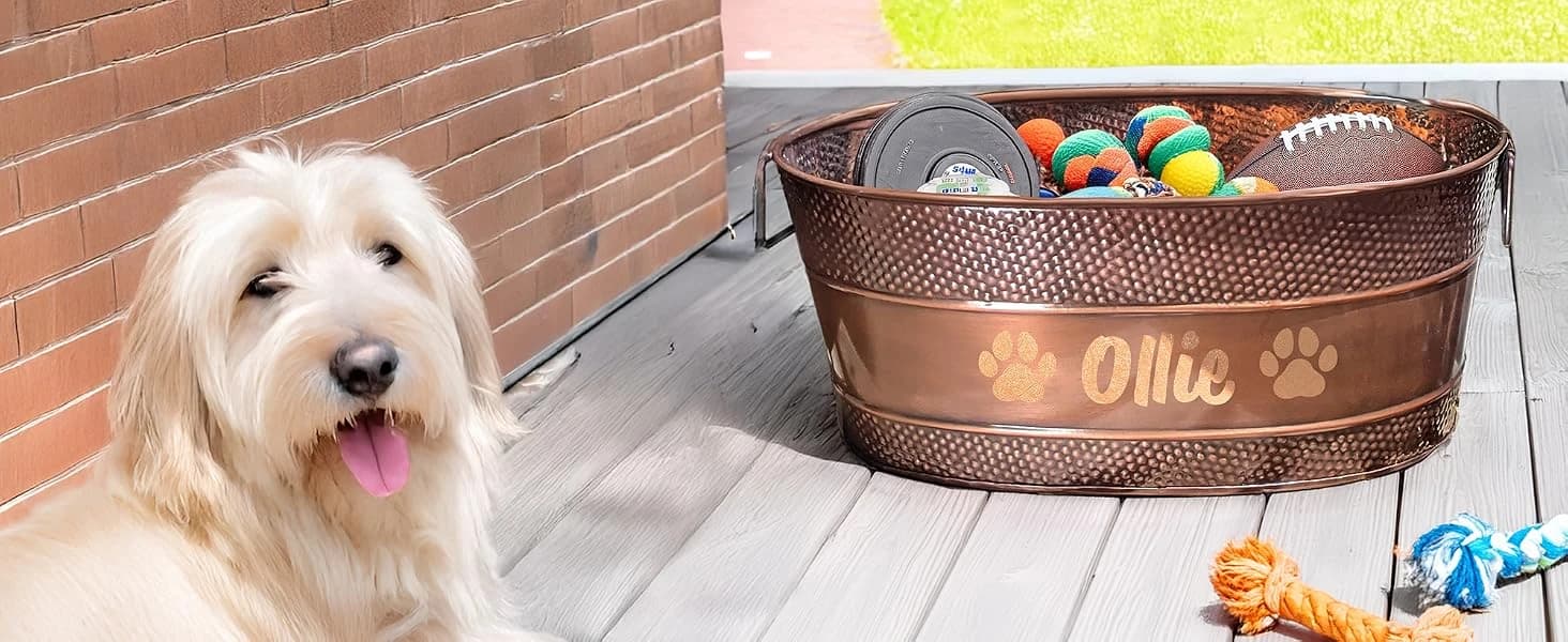 Copper Metal Pet Storage and Dog Toy Bin w/ Handles — product details