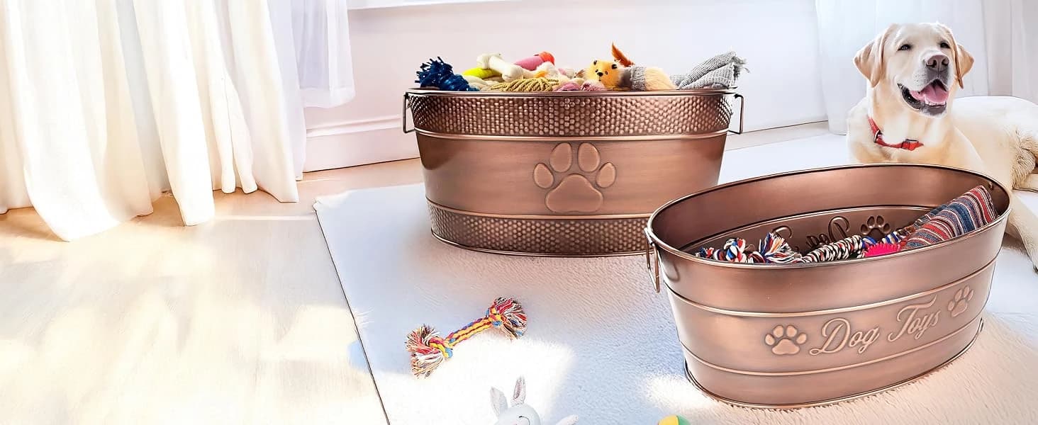 Copper Metal Pet Storage and Dog Toy Bin w/ Handles — collection imagery