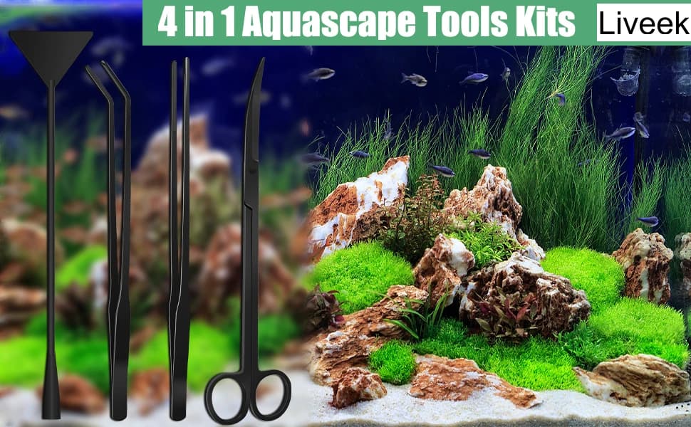 Aquarium Aquascape Tools Kit — 4 in 1 Anti-Rust Aquatic Plant Aquascaping Tool Stainless Steel Black Tweezers — product details