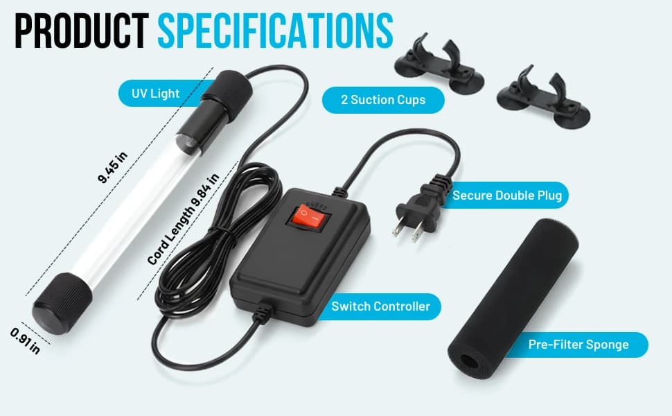 13W UV Water Clarifier with 9.84 ft Cable for Up to 300 Gallon Aquariums — product details