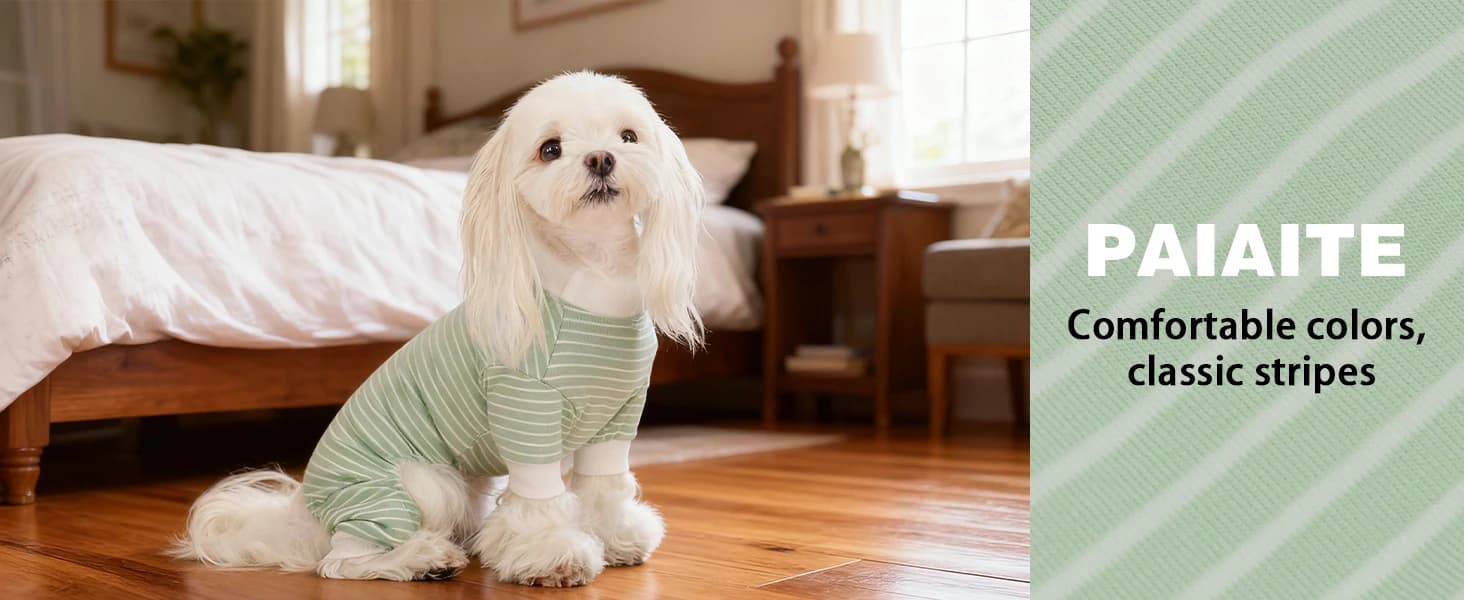 Green Striped Dog Pajamas: 4-Legged Cotton Stretchable Jumpsuit Pjs - Lightweight Cozy Puppy Onesie Clothes — product details
