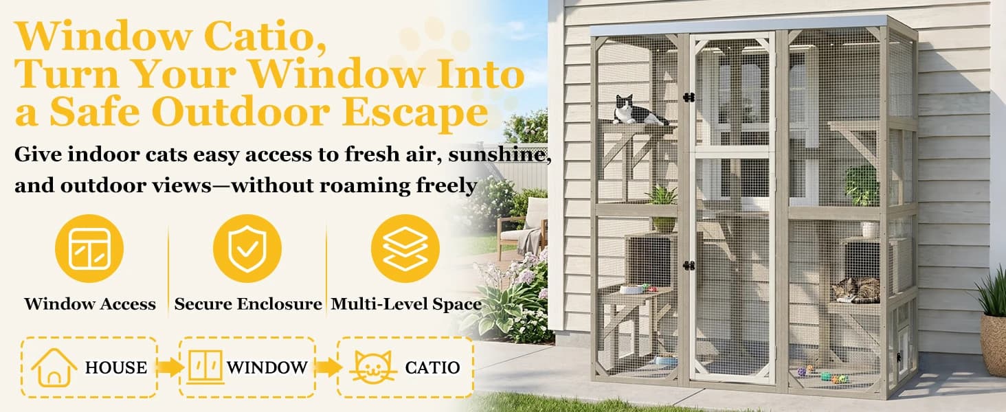 Outdoor Cat Catio Enclosures Large Wooden Cat House Patio for Indoor Cats Feral Cat Shelter with 2 Espace Doors — Window Catio, Turn you Window into A Safe Outdoor Space