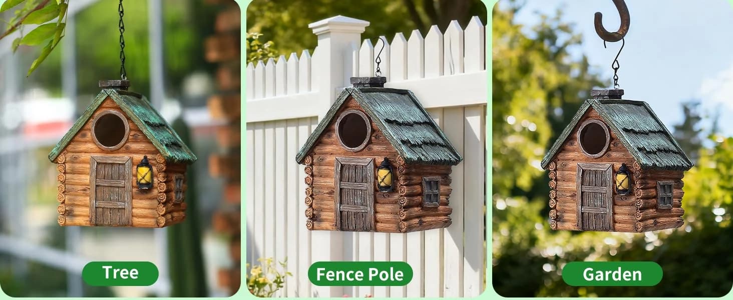 Bird Houses for Outside Real Wood-Look Resin Bird House with Hanging Chain – Waterproof and Durable Forest — product details