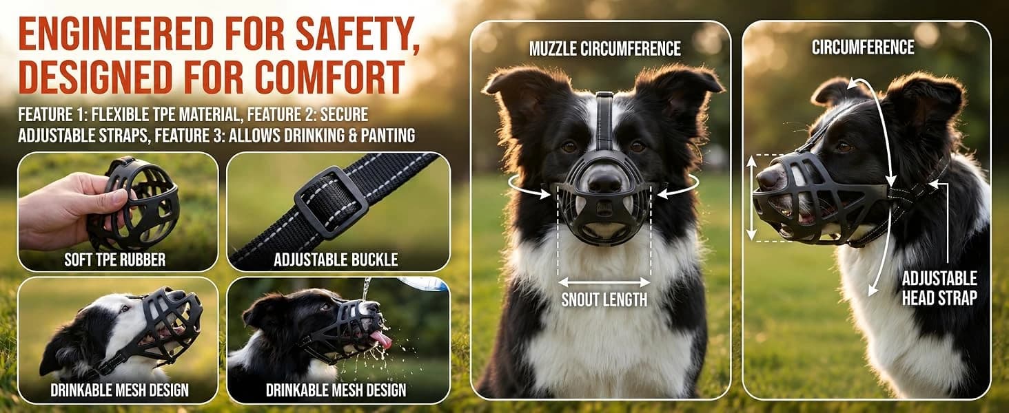 Breathable Basket Dog Muzzle for Large Breeds | Adjustable Mask with Reflective Straps | Allows Drinking and — product details